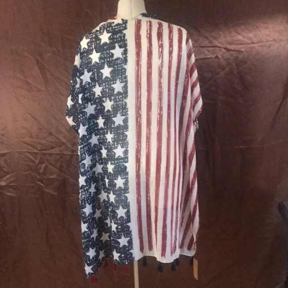 NWT USA Flag patriotic lightweight open kimono tassels OS boho summer cover up - Picture 2 of 15